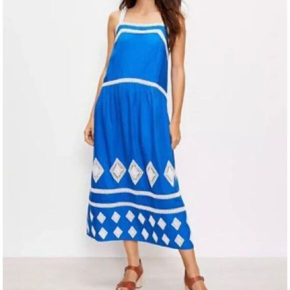 Loft blue linen embroidered drop waist midi dress small - Picture 1 of 10